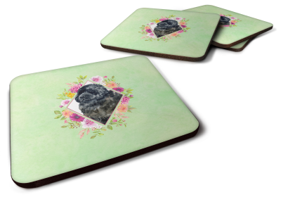 Green Flowers Design with Dog Foam Coaster Set of 4 (Dog Breed: Newfoundland)