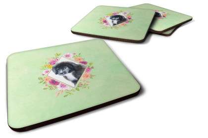 Green Flowers Design with Dog Foam Coaster Set of 4 (Dog Breed: Newfoundland - Puppy)