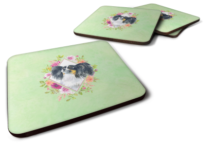 Green Flowers Design with Dog Foam Coaster Set of 4 (Dog Breed: Papillon)