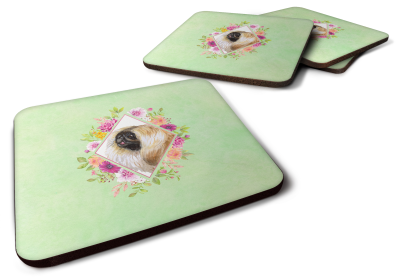 Green Flowers Design with Dog Foam Coaster Set of 4 (Dog Breed: Pekingese)