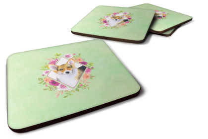 Green Flowers Design with Dog Foam Coaster Set of 4 (Dog Breed: Corgi)