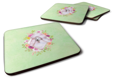 Green Flowers Design with Dog Foam Coaster Set of 4 (Dog Breed: White Poodle)