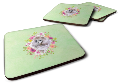 Green Flowers Design with Dog Foam Coaster Set of 4 (Dog Breed: Grey Poodle)