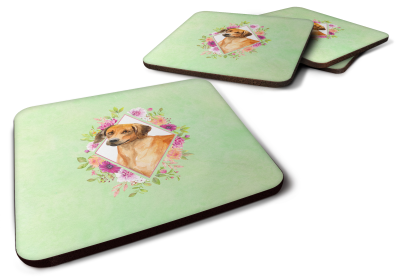 Green Flowers Design with Dog Foam Coaster Set of 4 (Dog Breed: Rhodesian Ridgeback)