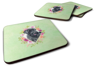 Green Flowers Design with Dog Foam Coaster Set of 4 (Dog Breed: Schnauzer Green)