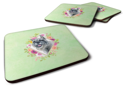 Green Flowers Design with Dog Foam Coaster Set of 4 (Dog Breed: Schnauzer)
