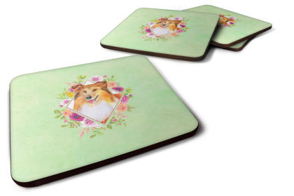 Green Flowers Design with Dog Foam Coaster Set of 4 (Dog Breed: Shetland Sheepdog)
