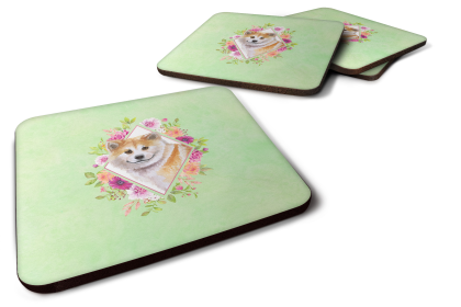 Green Flowers Design with Dog Foam Coaster Set of 4 (Dog Breed: Inu Green)