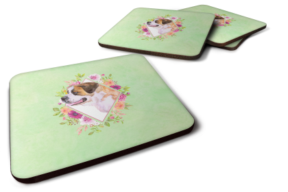 Green Flowers Design with Dog Foam Coaster Set of 4 (Dog Breed: Bernard #1 Green)