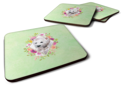 Green Flowers Design with Dog Foam Coaster Set of 4 (Dog Breed: West Highland White Terrier)
