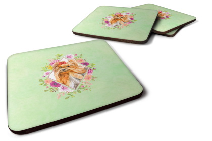 Green Flowers Design with Dog Foam Coaster Set of 4 (Dog Breed: Yorkshire Terrier1)