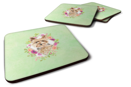 Green Flowers Design with Dog Foam Coaster Set of 4 (Dog Breed: Yorkshire Terrier2)
