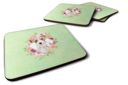 Green Flowers Design with Dog Foam Coaster Set of 4 (Dog Breed: Jack Russell Terrier1)