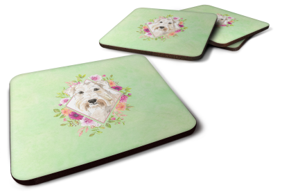 Green Flowers Design with Dog Foam Coaster Set of 4 (Dog Breed: Wheaten Terrier)