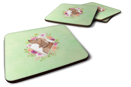 Green Flowers Design with Dog Foam Coaster Set of 4 (Dog Breed: Dachshund)