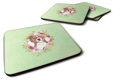 Green Flowers Design with Dog Foam Coaster Set of 4 (Dog Breed: Bull Terrier2)