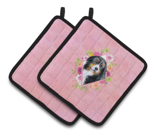 Dogs and Flowers Pair of Pot Holders (Breed: Bernese Mountain Dog)