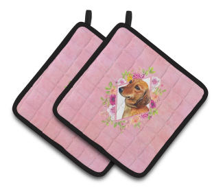 Dogs and Flowers Pair of Pot Holders (Breed: Dachshund Red #1)