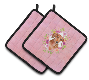 Dogs and Flowers Pair of Pot Holders (Breed: Dachshund Red #2)