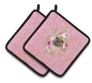 Dogs and Flowers Pair of Pot Holders (Breed: French Bulldog - Fawn)