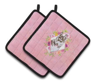 Dogs and Flowers Pair of Pot Holders (Breed: Siberian Husky #2)