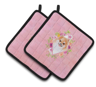 Dogs and Flowers Pair of Pot Holders (Breed: Pomeranian #1)