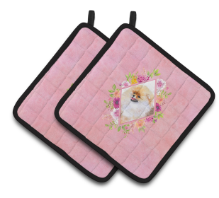 Dogs and Flowers Pair of Pot Holders (Breed: Pomeranian #2)