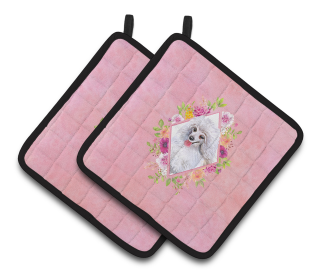 Dogs and Flowers Pair of Pot Holders (Breed: Poodle - White Mini)