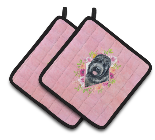 Dogs and Flowers Pair of Pot Holders (Breed: Russian Black Terrier)