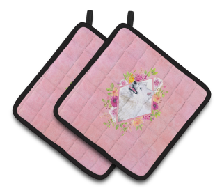 Dogs and Flowers Pair of Pot Holders (Breed: Samoyed)