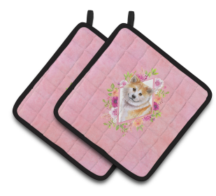 Dogs and Flowers Pair of Pot Holders (Breed: Shiba Inu)
