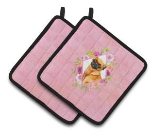 Dogs and Flowers Pair of Pot Holders (Breed: Brabant Griffon)