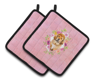 Dogs and Flowers Pair of Pot Holders (Breed: Tibetian Mastiff Puppy)