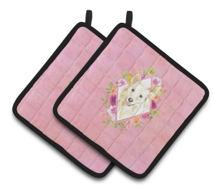 Dogs and Flowers Pair of Pot Holders (Breed: Collie - White)