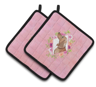 Dogs and Flowers Pair of Pot Holders (Breed: Dachshund)