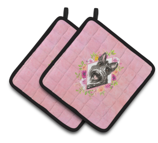213-CK4110PTHD Dogs and Flowers Pair of Pot Holders (Dog Breed: Scottish Terrier)