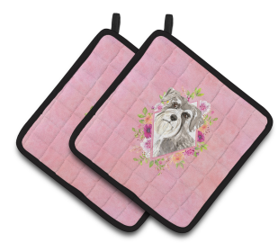 213-CK4110PTHD Dogs and Flowers Pair of Pot Holders (Dog Breed: Schnauzer #1)
