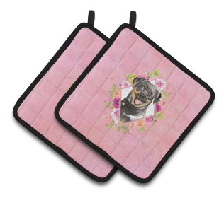 213-CK4110PTHD Dogs and Flowers Pair of Pot Holders (Dog Breed: Rottweiler)
