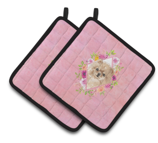213-CK4110PTHD Dogs and Flowers Pair of Pot Holders (Dog Breed: Pomeranian)