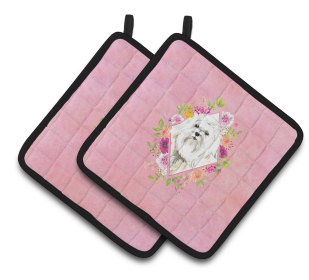 213-CK4110PTHD Dogs and Flowers Pair of Pot Holders (Dog Breed: Maltese1)