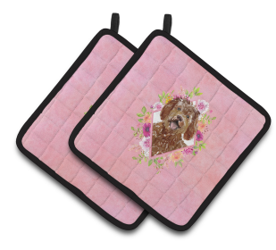 213-CK4110PTHD Dogs and Flowers Pair of Pot Holders (Dog Breed: Labradoodle)