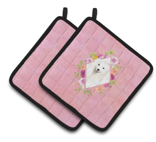 213-CK4110PTHD Dogs and Flowers Pair of Pot Holders (Dog Breed: Japanese Spitz)