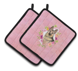 213-CK4110PTHD Dogs and Flowers Pair of Pot Holders (Dog Breed: German Shepherd)