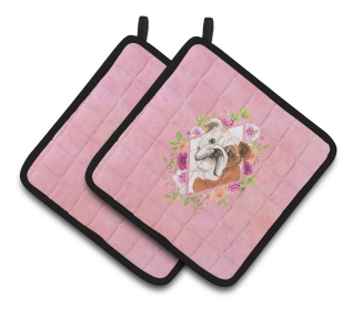 213-CK4110PTHD Dogs and Flowers Pair of Pot Holders (Dog Breed: English Bulldog1)