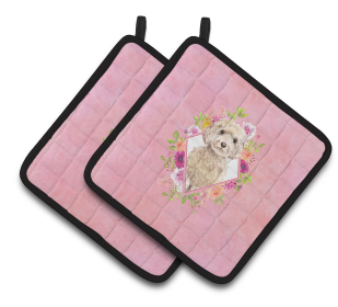 213-CK4110PTHD Dogs and Flowers Pair of Pot Holders (Dog Breed: Cockapoo - Champagne)