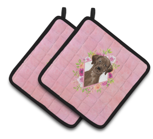 213-CK4110PTHD Dogs and Flowers Pair of Pot Holders (Dog Breed: Labrador Retriever - Chocolate)