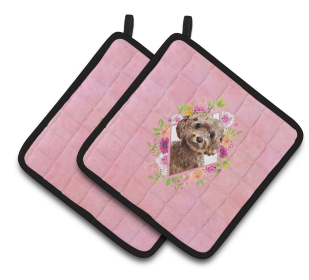 213-CK4110PTHD Dogs and Flowers Pair of Pot Holders (Dog Breed: Cockapoo - Chocolate)
