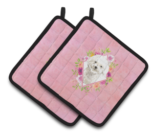 213-CK4110PTHD Dogs and Flowers Pair of Pot Holders (Dog Breed: Bichon Frise)