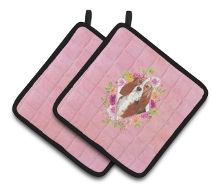 213-CK4110PTHD Dogs and Flowers Pair of Pot Holders (Dog Breed: Basset Hound1)