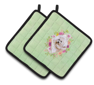 213-CK4110PTHD Dogs and Flowers Pair of Pot Holders (Dog Breed: Bichon Frise #1)